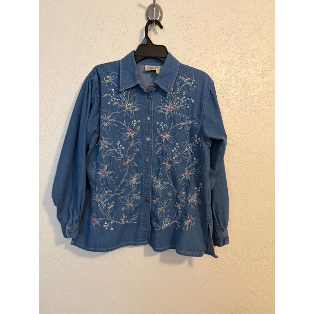 Koret City Blues Petite Large Blue Denim Floral Embroidered Button Down Shirt